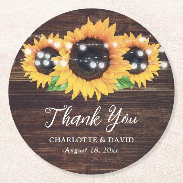 Rustic Sunflower Wedding Thank You Round Paper Coaster (Front)