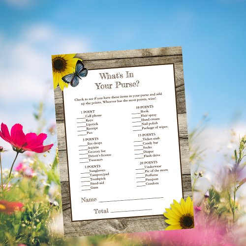 Rustic Sunflower Whats In Your Purse Baby Shower Invitation