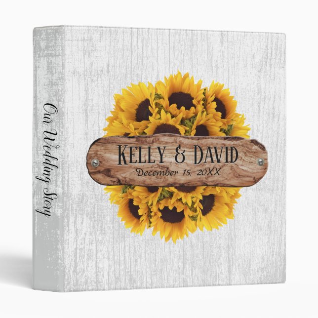 Rustic Sunflower White Barn Wood Wedding Album 3 Ring Binder (Front/Spine)