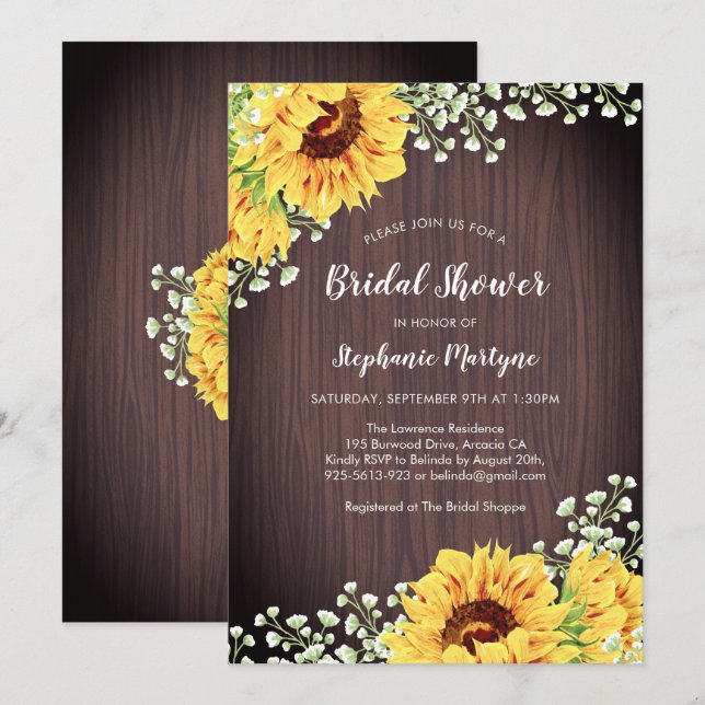 Rustic Sunflower White Floral Wood Bridal Shower Invitation (Front/Back)