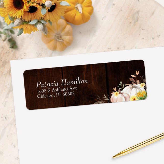 Rustic Sunflower White Pumpkin Wood Fall Wedding Label (Creator Uploaded)