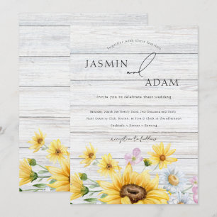 Rustic Sunflower White Wood Floral Wedding Invitation