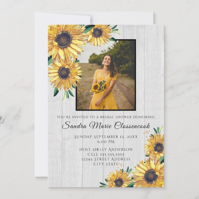 Rustic Sunflower White Wood Wedding Bridal Shower Invitation (Front)