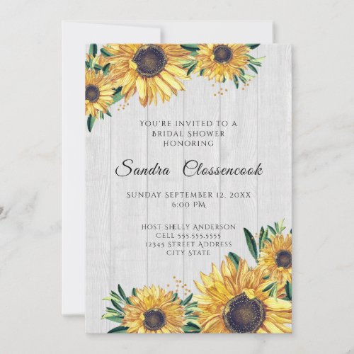 Rustic Sunflower White  Wood Wedding Bridal Shower Invitation