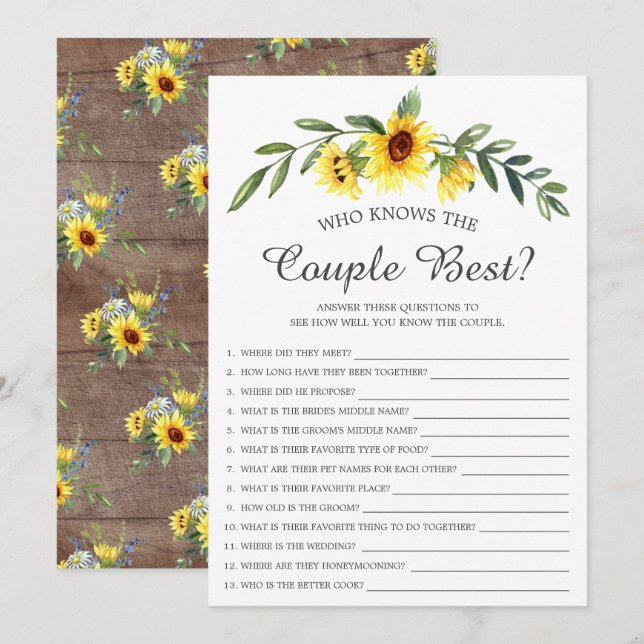 Rustic Sunflower Who Knows the Couple Best Game Invitation (Front/Back)