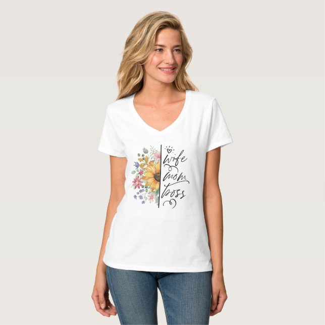 Rustic Sunflower Wife Mom Boss T shirt (Front Full)