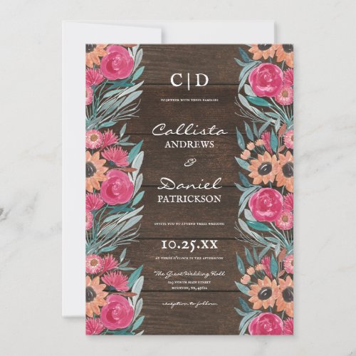 Rustic Sunflower Wildflower Wood Floral Wedding Invitation