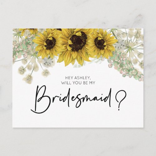 Rustic Sunflower Will You Be My Bridesmaid Invitation Postcard