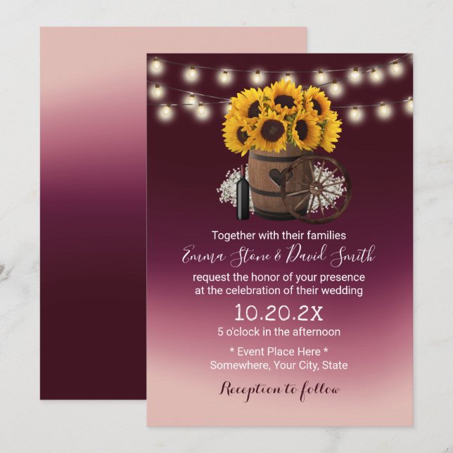 Rustic Sunflower Wine Barrel Burgundy Red Wedding  Invitation (Front/Back)