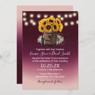 Rustic Sunflower Wine Barrel Burgundy Red Wedding  Invitation