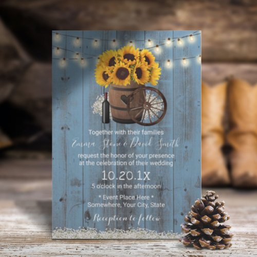 Rustic Sunflower Wine Barrel Dusty Blue Wedding Invitation