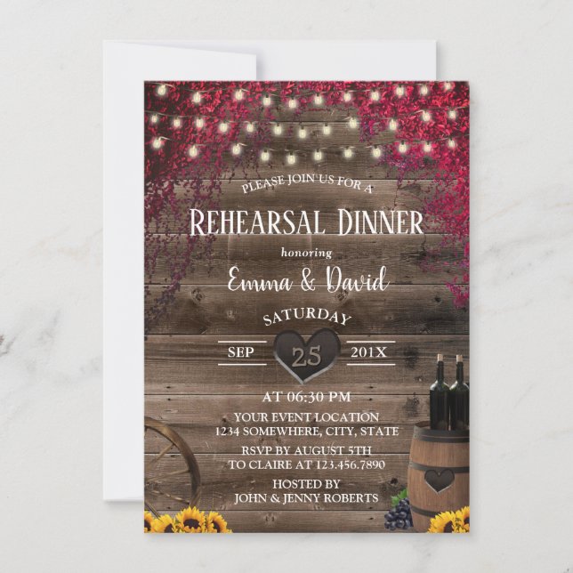 Rustic Sunflower Wine Barrel Rehearsal Dinner Invitation (Front)