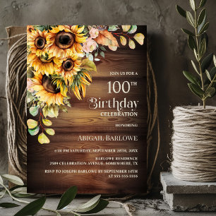 Rustic Sunflower Wood 100th Birthday Party Invitation