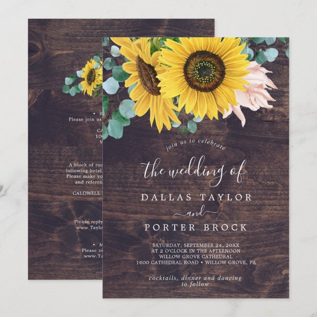 Rustic Sunflower | Wood All In One Wedding Invitation (Front/Back)