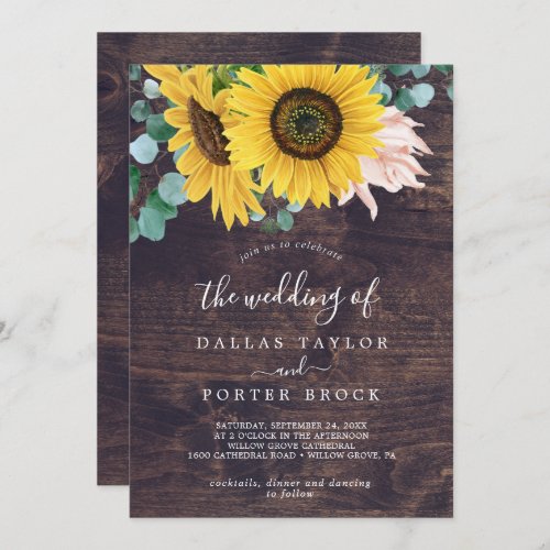 Rustic Sunflower  Wood All In One Wedding Invitation