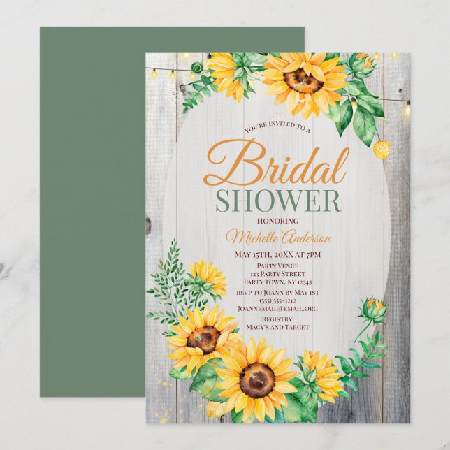 Rustic Sunflower Wood and Lights Bridal Shower Invitation (Front/Back)