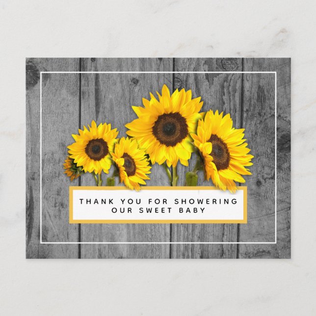 Rustic Sunflower Wood Baby Shower Thank You Postcard (Front)