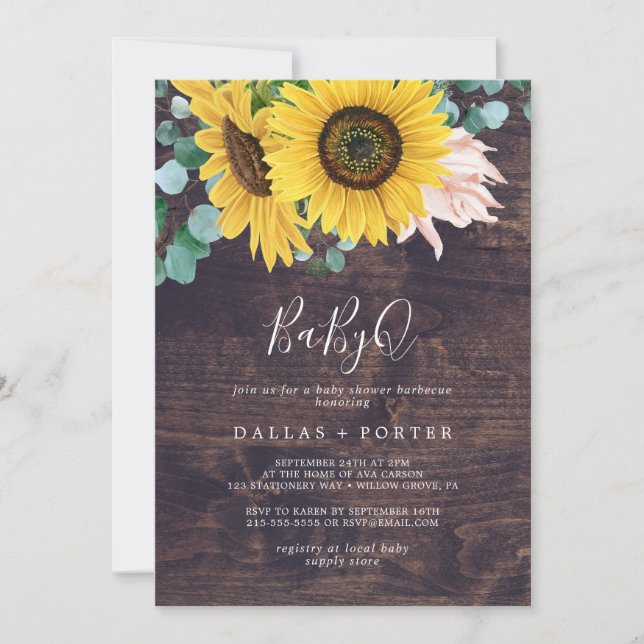 Rustic Sunflower | Wood BabyQ Baby Shower Barbecue Invitation (Front)