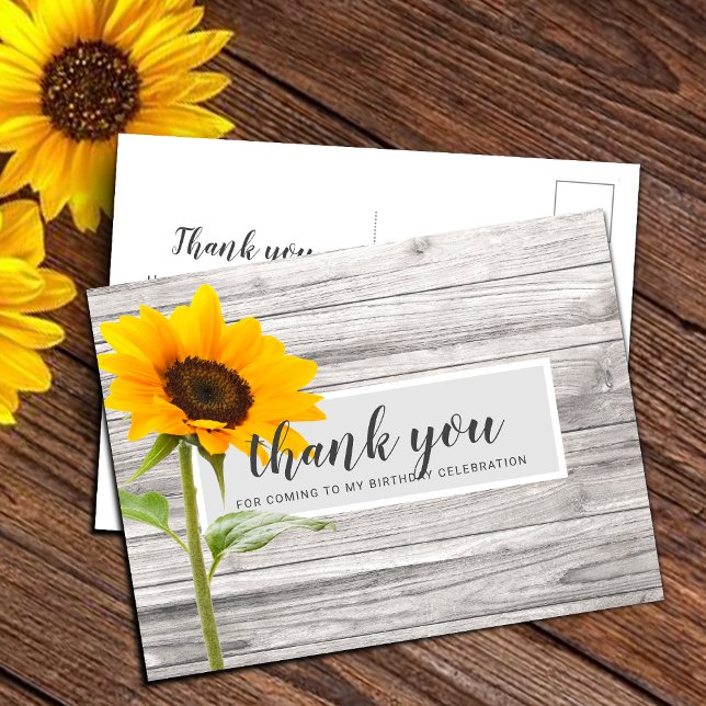 Rustic Sunflower Wood Birthday Thank You Postcard (Creator Uploaded)