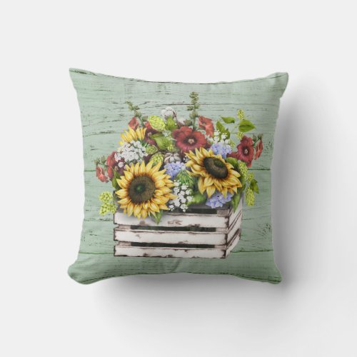 Rustic Sunflower Wood Box Country Watercolor Throw Pillow