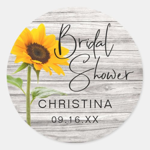 Rustic Sunflower Wood Bridal Shower Classic Round Sticker