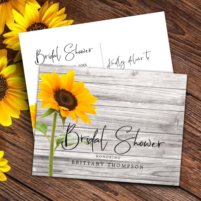 Rustic Sunflower Wood Bridal Shower Invitation Postcard