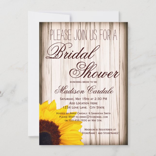 Rustic Sunflower Wood Bridal Shower Invitations (Front)