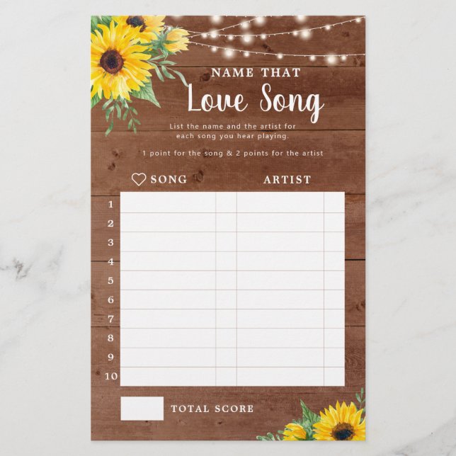 Rustic Sunflower Wood Bridal Shower Love Song Game (Front)