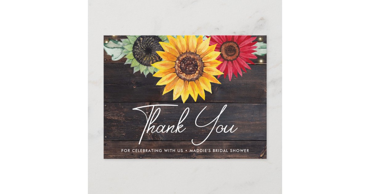Rustic Sunflower Wood Bridal Shower Thank You Card | Zazzle
