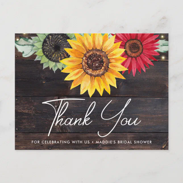 Rustic Sunflower Wood Bridal Shower Thank You Card | Zazzle