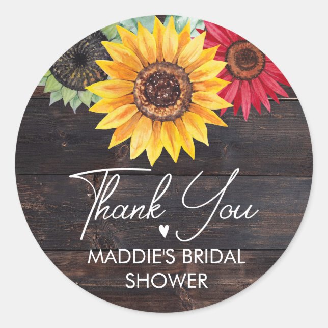 Rustic Sunflower Wood Bridal Shower Thank You Classic Round Sticker (Front)