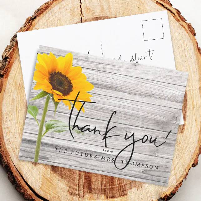 Rustic Sunflower Wood Bridal Shower Thank You Postcard | Zazzle