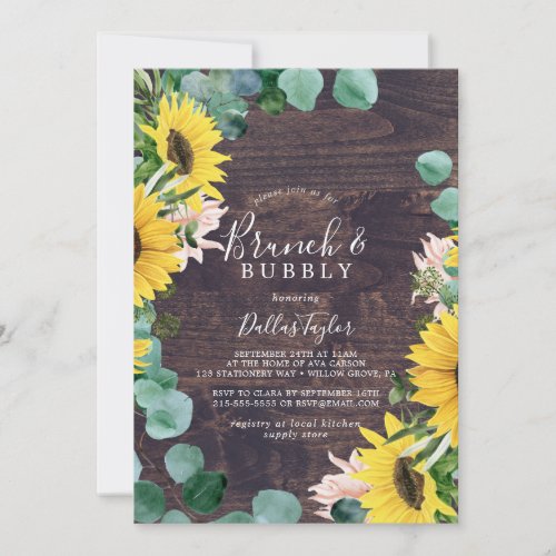 Rustic Sunflower  Wood Brunch  Bubbly Shower Invitation