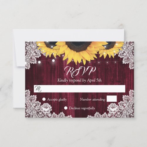 Rustic Sunflower Wood Burgundy Wedding RSVP Card