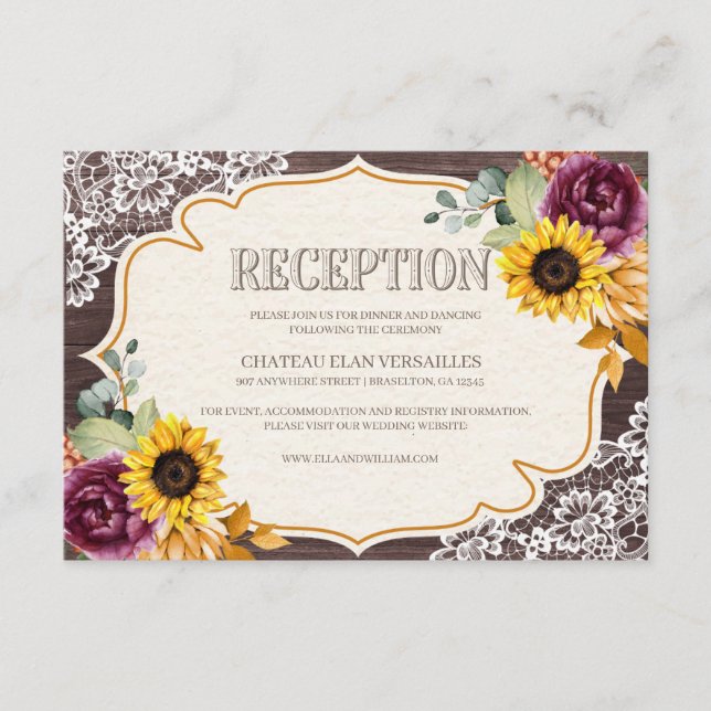 Rustic Sunflower Wood Fall Reception Enclosure Card (Front)