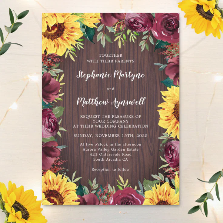 Rustic Sunflower Wood Floral Border Wedding Invitation | Zazzle