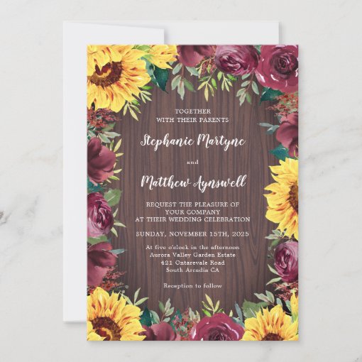 Rustic Sunflower Wood Floral Border Wedding Invitation | Zazzle