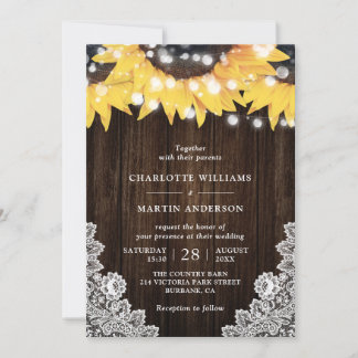 Rustic Sunflower Wood Floral Lace Wedding Invitation