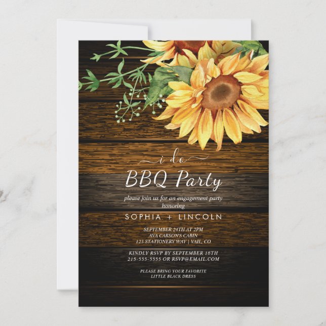Rustic Sunflower & Wood "I Do BBQ" Engagement Part Invitation (Front)