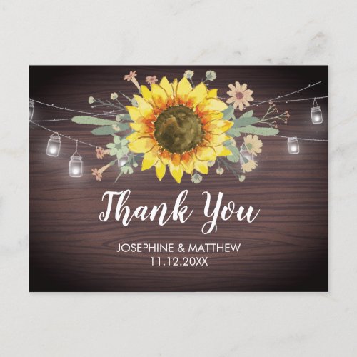 Rustic Sunflower Wood Jar Light Wedding Thank  You Postcard