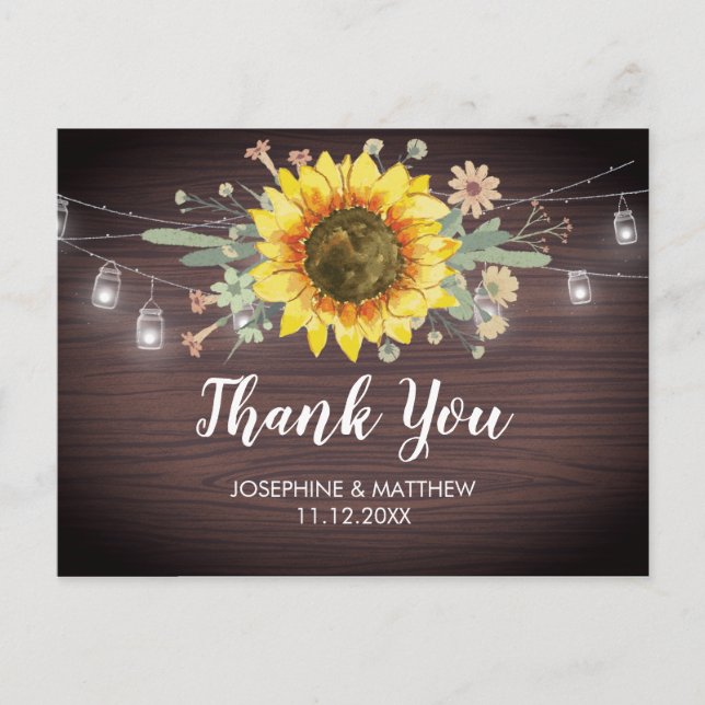 Rustic Sunflower Wood Jar Light Wedding Thank  You Postcard (Front)