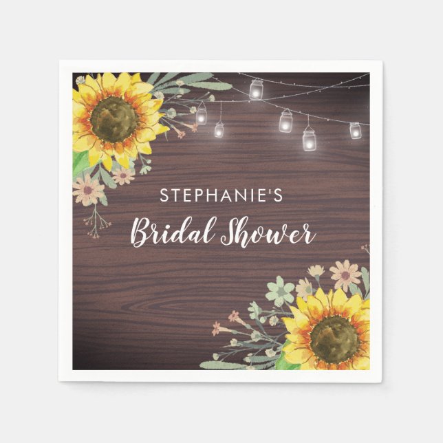 Rustic Sunflower Wood Jar Lights Bridal Shower Napkins (Front)