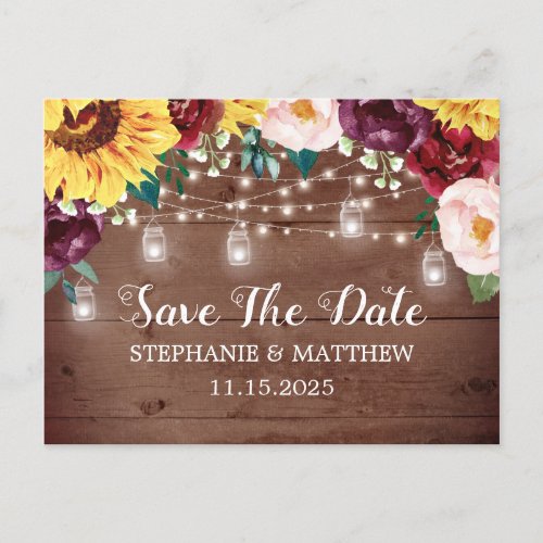 Rustic Sunflower Wood Jar Lights Floral Wedding Announcement Postcard