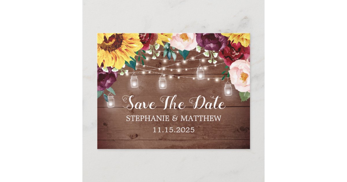 Rustic Sunflower Wood Jar Lights Floral Wedding Announcement Postcard ...