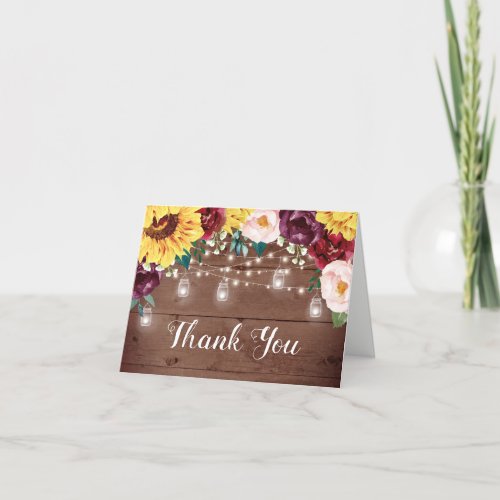 Rustic Sunflower Wood Jar Lights Floral Wedding Thank You Card