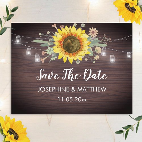 Rustic Sunflower Wood Jar Lights Save The Date Announcement Postcard