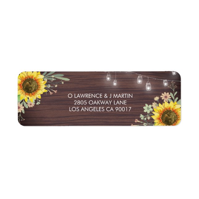 Rustic Sunflower Wood Jar Lights Wedding Label (Front)