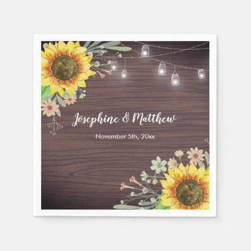 Rustic Sunflower Wood Jar Lights Wedding Napkins