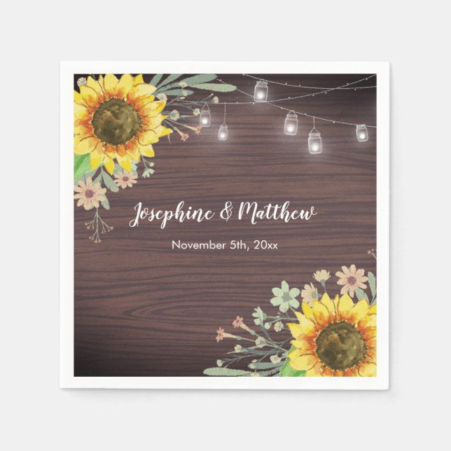 Rustic Sunflower Wood Jar Lights Wedding Napkins (Front)
