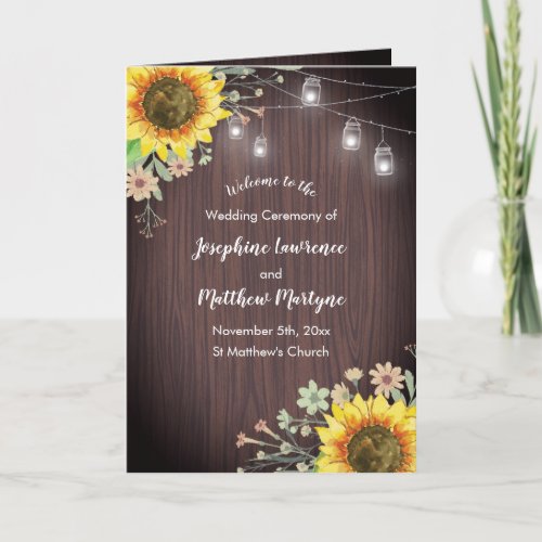 Rustic Sunflower Wood Jar Lights Wedding Program